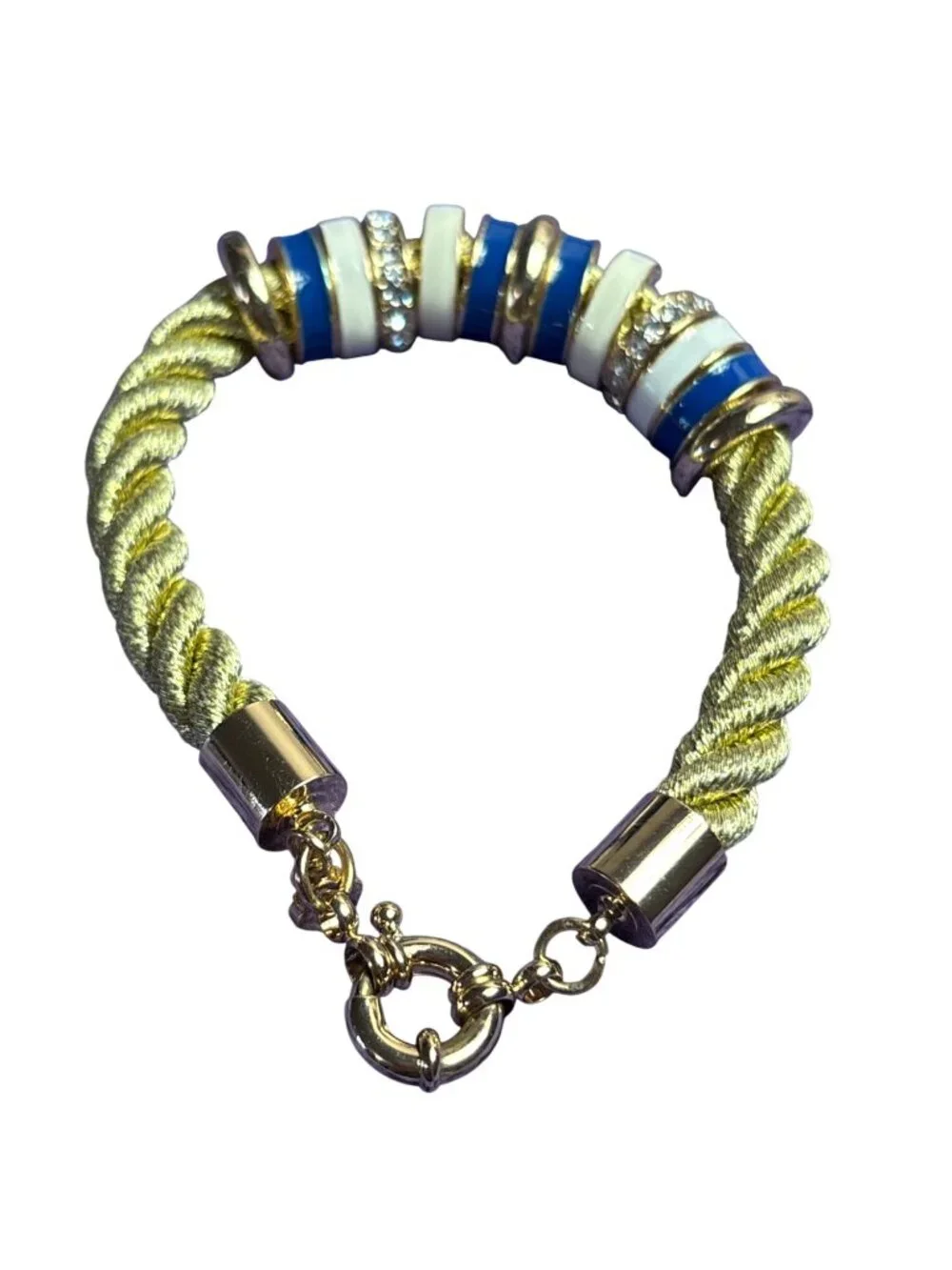 Crown & Ivy Nautical Rope Bracelet Blue Cream Enamel Clear Rhinestone Goldtone